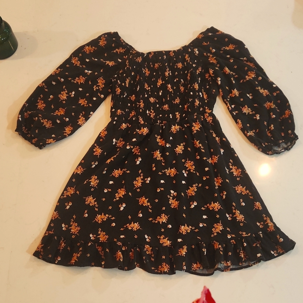 Girls size 14 dress, elastic top, black floral fall flowt boho western